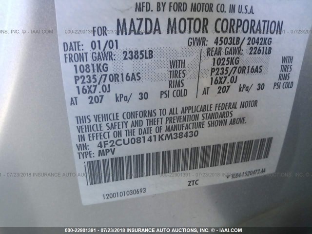 4F2CU08141KM38430 - 2001 MAZDA TRIBUTE LX/ES 灰色 照片 9