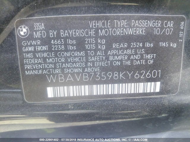 WBAVB73598KY62601 - 2008 BMW 335 I BLACK photo 9