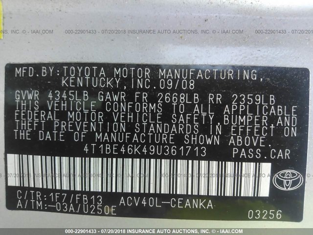 4T1BE46K49U361713 - 2009 TOYOTA CAMRY SE/LE/XLE SILVER photo 9