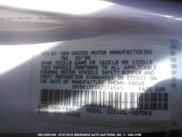 1NXBR12E5XZ174545 - 1999 TOYOTA COROLLA VE/CE/LE 白色 照片 9