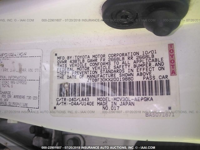 JTDBF30KX20019880 - 2002 TOYOTA CAMRY LE/XLE/SE 白色 照片 9