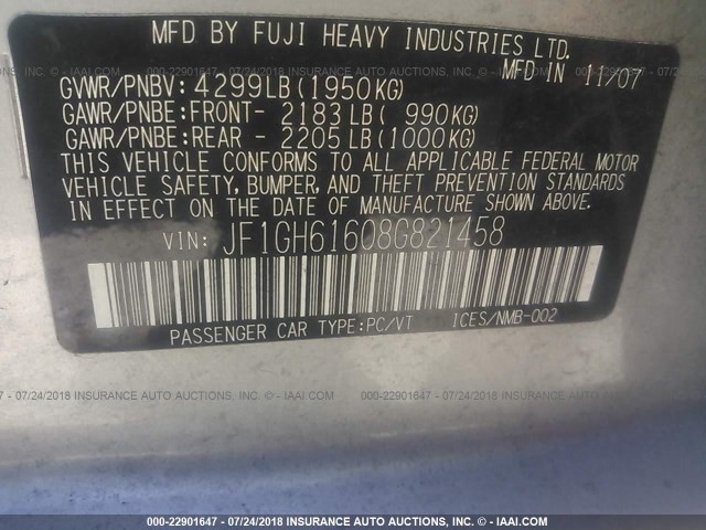 JF1GH61608G821458 - 2008 SUBARU IMPREZA 2.5I SILVER photo 9