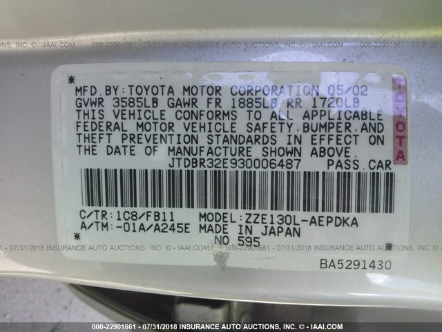 JTDBR32E930006487 - 2003 TOYOTA COROLLA CE/LE SILVER photo 9