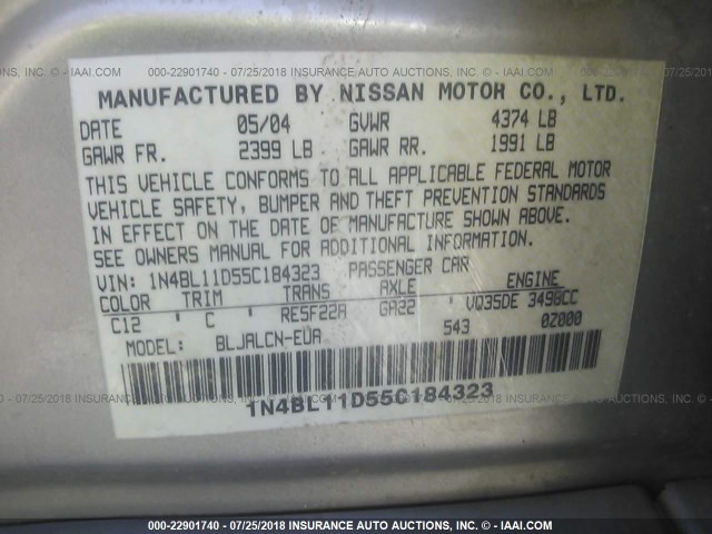 1N4BL11D55C184323 - 2005 NISSAN ALTIMA SE/SL/SE-R SILVER photo 9