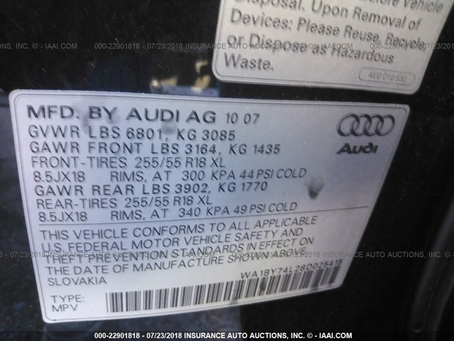 WA1BY74L28D025415 - 2008 AUDI Q7 3.6 QUATTRO PREMIUM BLACK photo 9