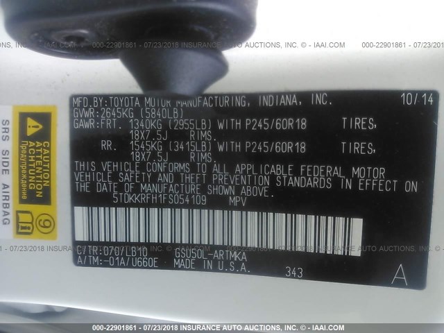 5TDKKRFH1FS054109 - 2015 TOYOTA HIGHLANDER XLE თეთრი ფოტო 9