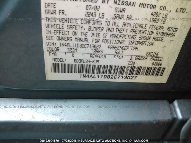 1N4AL11D82C713027 - 2002 NISSAN ALTIMA S/SL GREEN photo 9