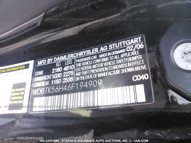 WDBTK56H46F194909 - 2006 MERCEDES-BENZ CLK 350 BLACK photo 9