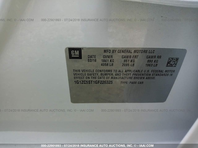 1G1ZC5ST1GF226325 - 2016 CHEVROLET MALIBU LS WHITE photo 9