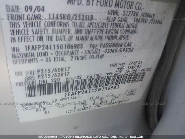 1FAFP24115G106983 - 2005 FORD FIVE HUNDRED SEL SILVER photo 9