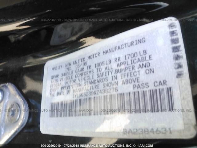 1Y1SK5289XZ438276 - 1999 CHEVROLET GEO PRIZM LSI GREEN photo 9