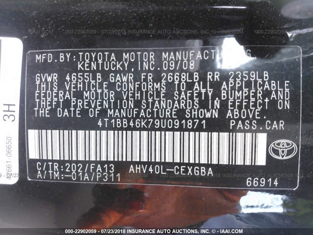 4T1BB46K79U091871 - 2009 TOYOTA CAMRY HYBRID BLACK photo 9