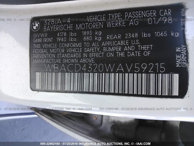 WBACD4320WAV59215 - 1998 BMW 328 I AUTOMATIC თეთრი ფოტო 9
