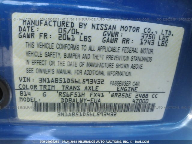 3N1AB51D56L593432 - 2006 NISSAN SENTRA SE-R SPEC V BLUE photo 9