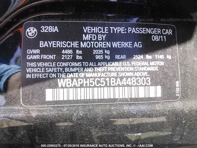 WBAPH5C51BA448303 - 2011 BMW 328 I SULEV BLACK photo 9