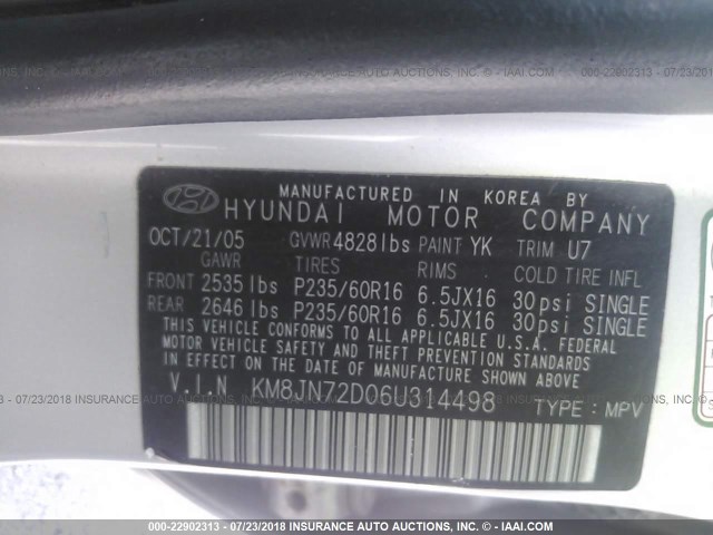 KM8JN72D06U314498 - 2006 HYUNDAI TUCSON GLS/LIMITED SILVER photo 9