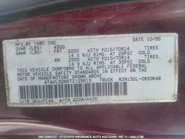 4TAVL52NXTZ105613 - 1996 TOYOTA TACOMA XTRACAB MAROON photo 9