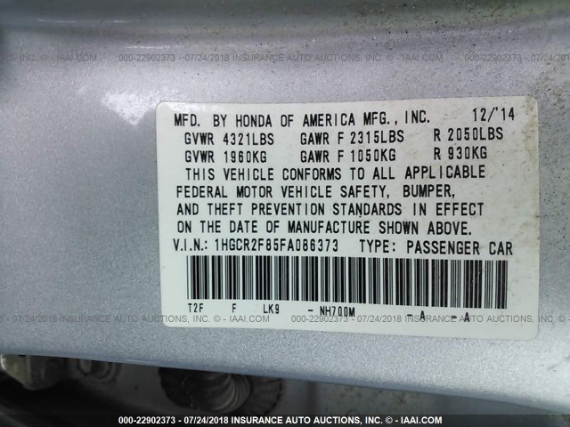 1HGCR2F85FA086373 - 2015 HONDA ACCORD EXL SILVER photo 9