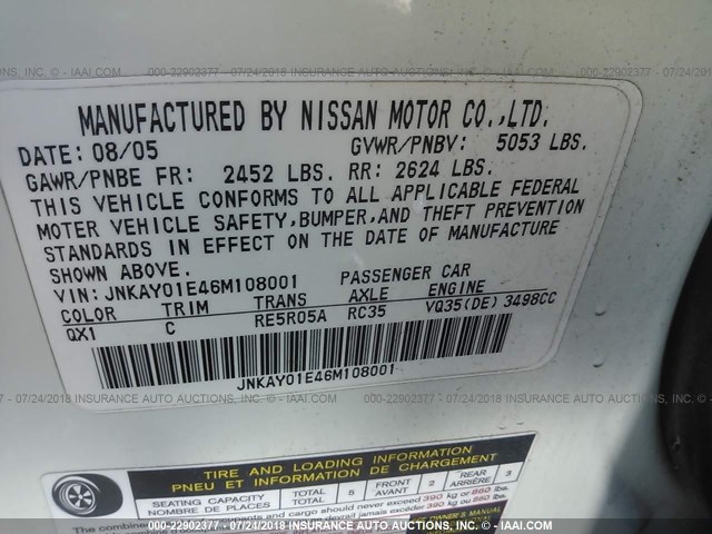 JNKAY01E46M108001 - 2006 INFINITI M35 SPORT WHITE photo 9