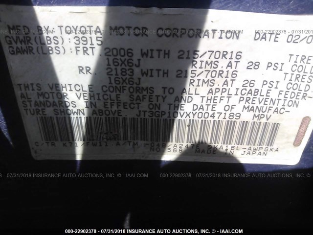 JT3GP10VXY0047189 - 2000 TOYOTA RAV4 BLUE photo 9