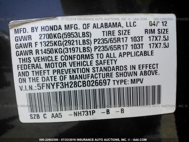 5FNYF3H28CB026697 - 2012 HONDA PILOT LX BLACK photo 9