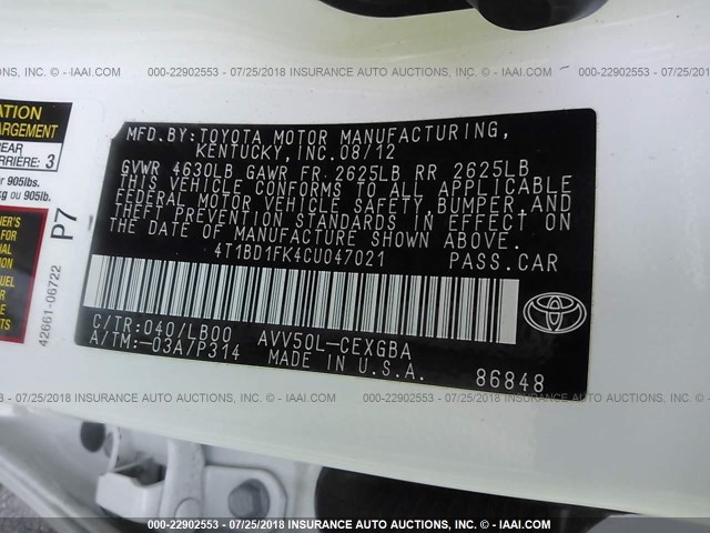 4T1BD1FK4CU047021 - 2012 TOYOTA CAMRY HYBRID/LE/XLE 白色 照片 9