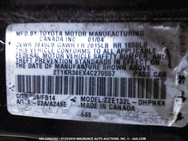 2T1KR38EX4C270557 - 2004 TOYOTA COROLLA MATRIX XR BLACK photo 9