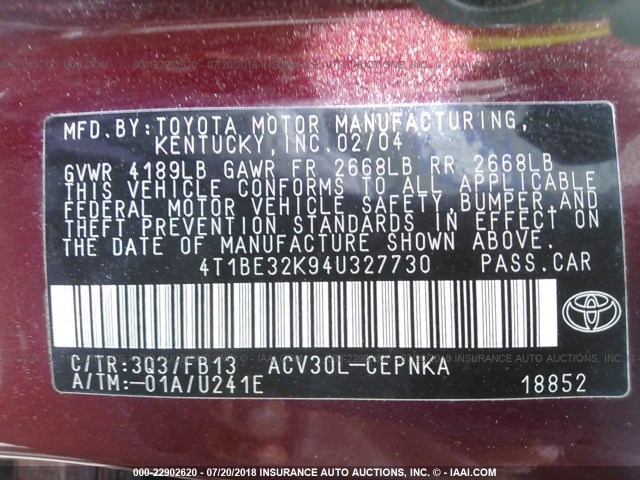 4T1BE32K94U327730 - 2004 TOYOTA CAMRY LE/XLE/SE 栗色 照片 9