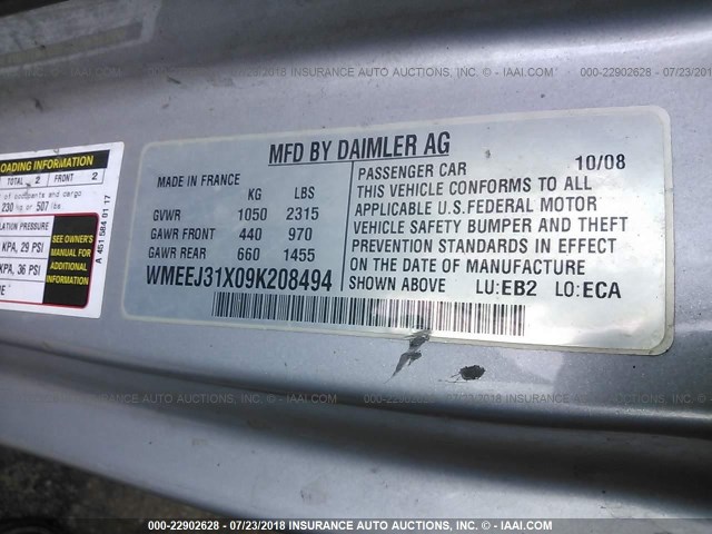 WMEEJ31X09K208494 - 2009 SMART FORTWO PURE/PASSION BLACK photo 9