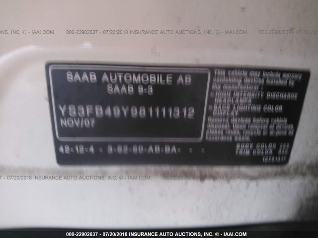 YS3FB49Y981111312 - 2008 SAAB 9-3 2.0T WHITE photo 9