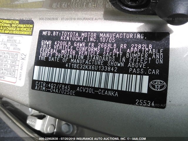 4T1BE32KX6U133842 - 2006 TOYOTA CAMRY LE/XLE/SE Qızıl foto 9