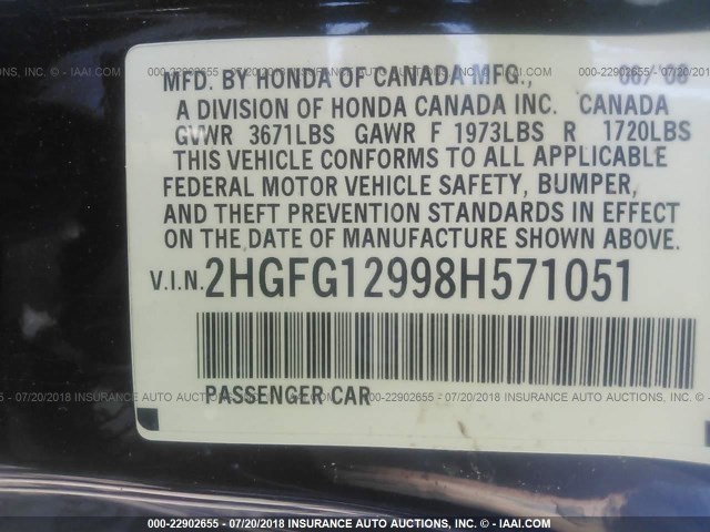 2HGFG12998H571051 - 2008 HONDA CIVIC EXL 黑色 照片 9