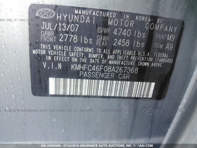 KMHFC46F08A267368 - 2008 HYUNDAI AZERA SE/LIMITED GREEN photo 9