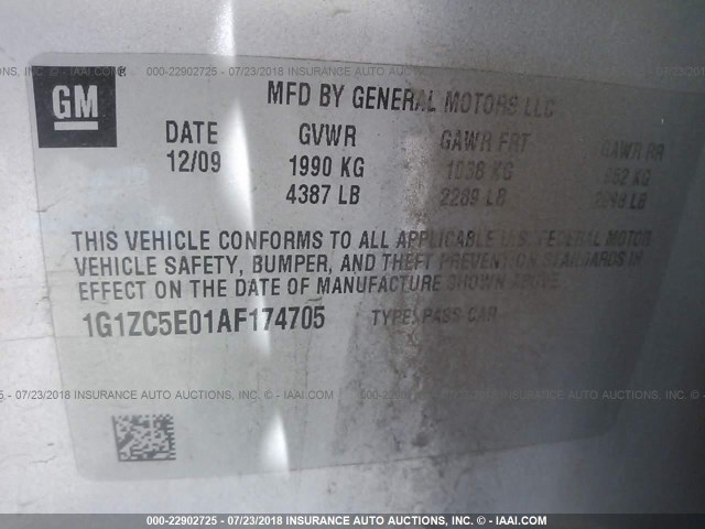 1G1ZC5E01AF174705 - 2010 CHEVROLET MALIBU 1LT 银色 照片 9