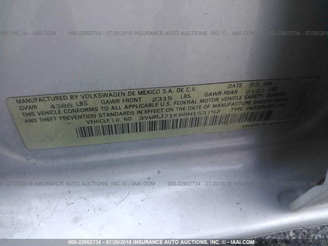 3VWRJ71K68M153792 - 2008 VOLKSWAGEN JETTA WOLFSBURG 银色 照片 9
