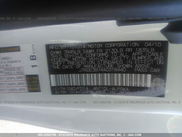 JTKDE3B74A0318440 - 2010 TOYOTA SCION TC 白色 照片 9