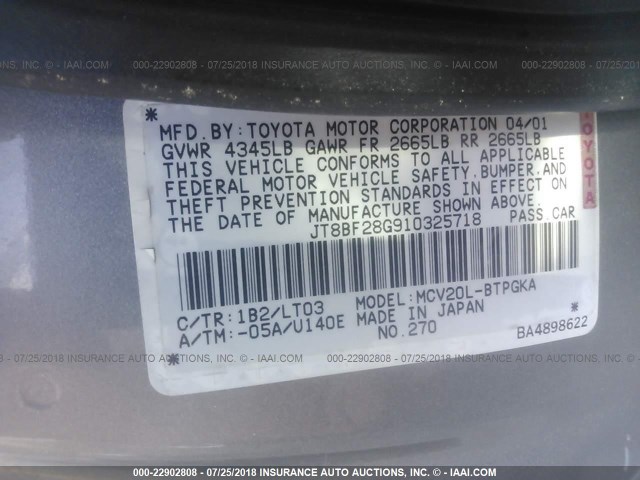 JT8BF28G910325718 - 2001 LEXUS ES 300 GOLD photo 9