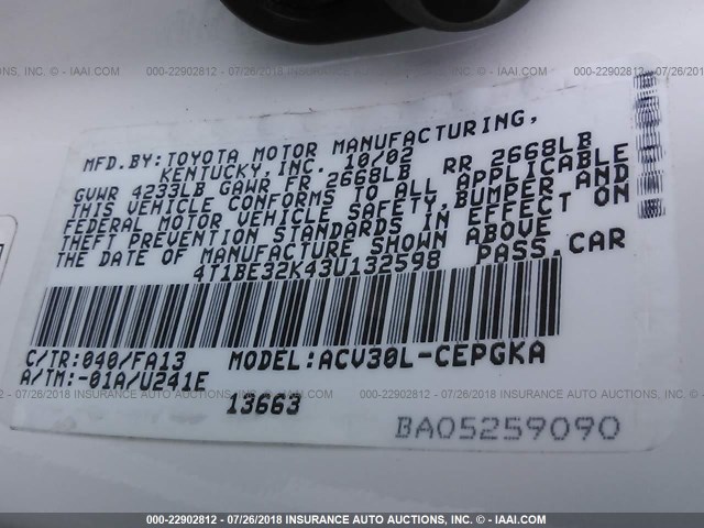 4T1BE32K43U132598 - 2003 TOYOTA CAMRY LE/XLE/SE 白色 照片 9