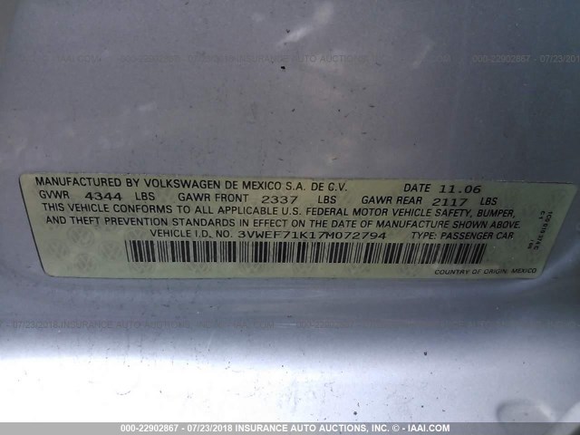 3VWEF71K17M072794 - 2007 VOLKSWAGEN JETTA WOLFSBURG 银色 照片 9