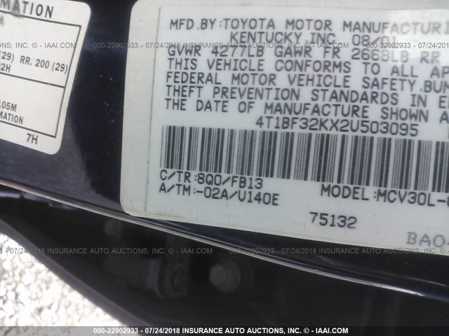 4T1BF32KX2U503095 - 2002 TOYOTA CAMRY LE/XLE/SE Mavi foto 9