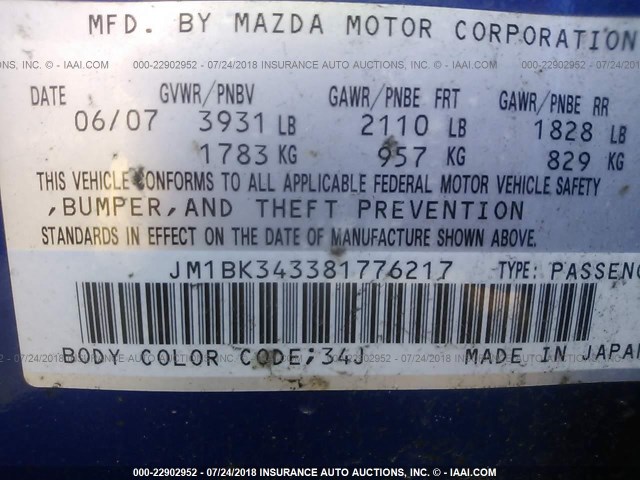 JM1BK343381776217 - 2008 MAZDA 3 HATCHBACK BLUE photo 9