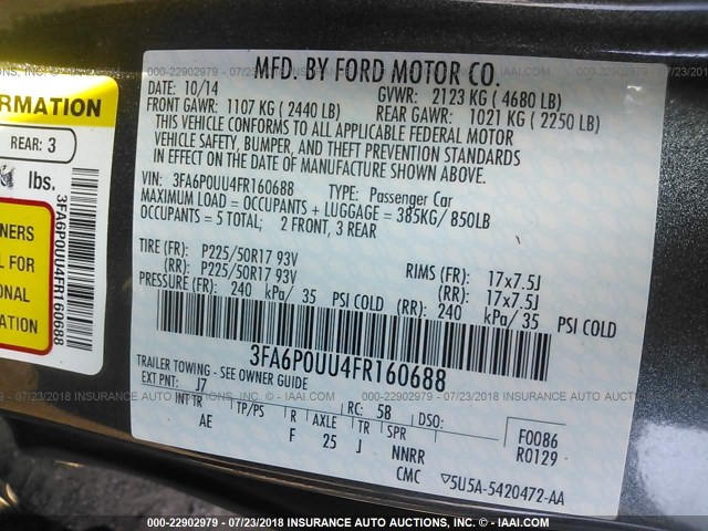 3FA6P0UU4FR160688 - 2015 FORD FUSION S HYBRID GRAY photo 9