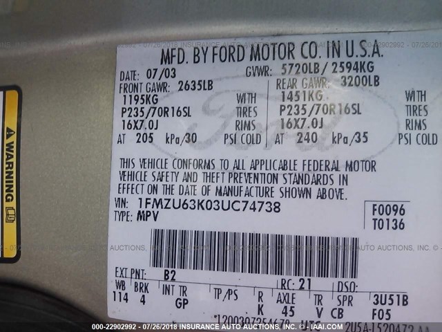 1FMZU63K03UC74738 - 2003 FORD EXPLORER XLT/XLT SPORT/NBX 棕色 照片 9