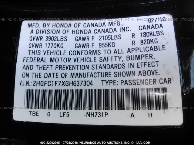 2HGFC1F7XGH637304 - 2016 HONDA CIVIC EXL 黑色 照片 9