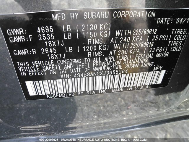 4S4BSANCXJ3355264 - 2018 SUBARU OUTBACK 2.5I LIMITED GRAY photo 9