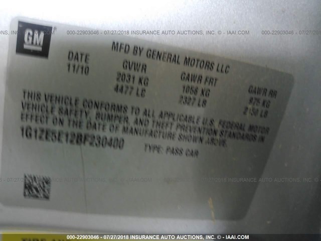 1G1ZE5E12BF230400 - 2011 CHEVROLET MALIBU LTZ 银色 照片 9