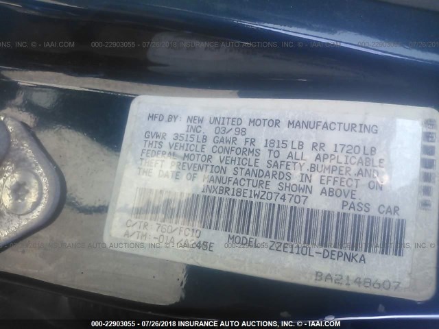 1NXBR18E1WZ074707 - 1998 TOYOTA COROLLA VE/CE/LE 蓝色 照片 9