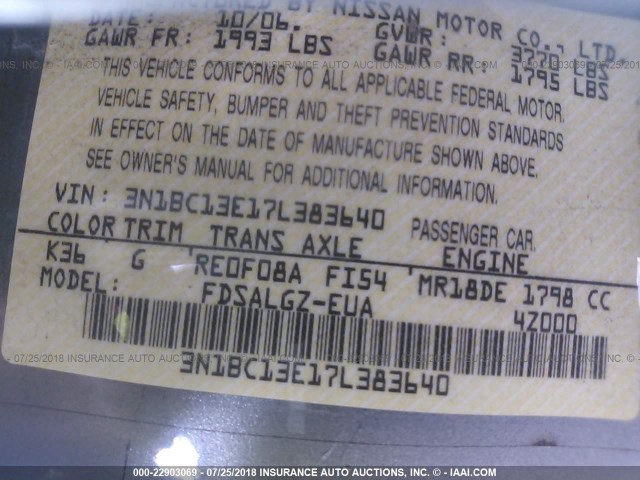 3N1BC13E17L383640 - 2007 NISSAN VERSA S/SL GRAY photo 9