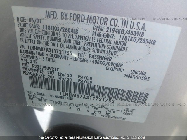 1LNHM87A31Y721755 - 2001 LINCOLN LS 银色 照片 9