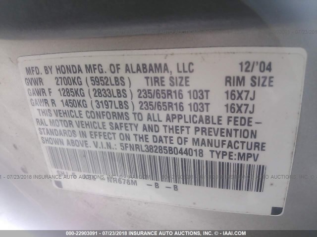 5FNRL38285B044018 - 2005 HONDA ODYSSEY LX SILVER photo 9